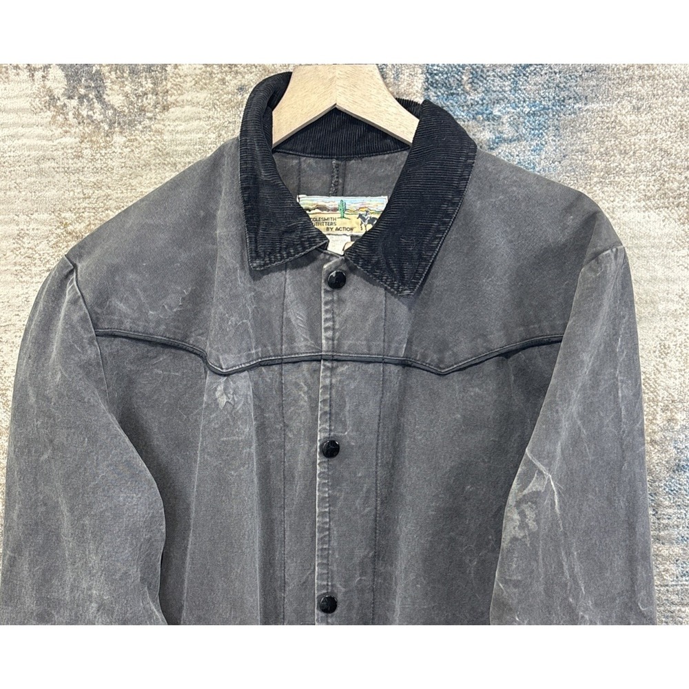 Vintage Men's Western Duster Coat Gray Canvas Corduroy Collar Ranch Cowboy